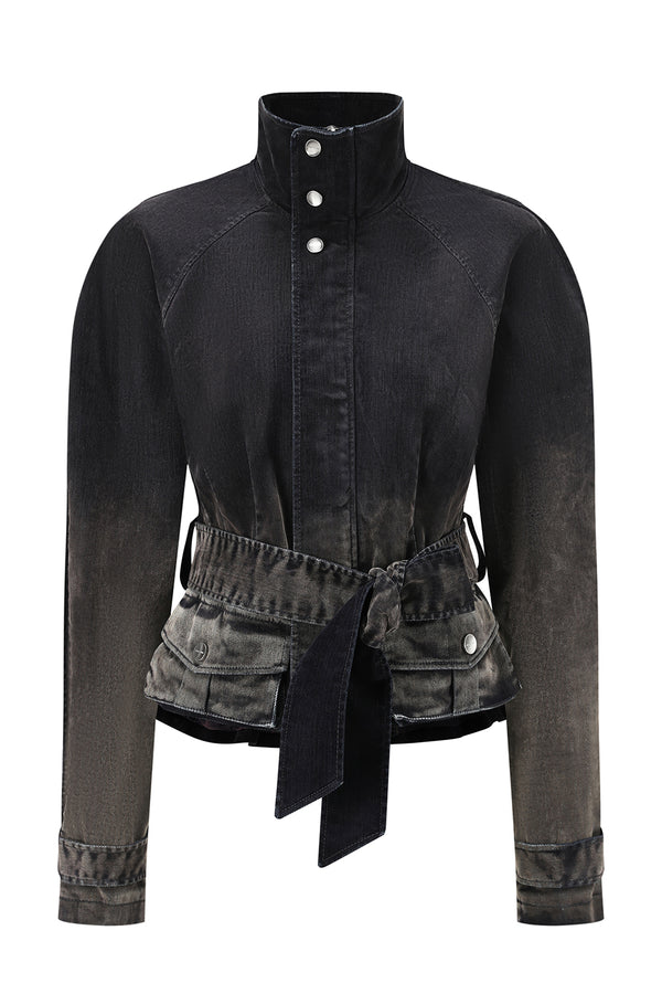 OUDE WAAG 25 Early Autumn Washed Flocked Denim Short Jacket Short Coat OW-OW-25PF-JK02C1BU690-SL Dark Blue